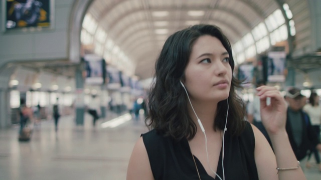 日本东京，一名日本妇女在火车站里对着耳机麦克风说话视频素材