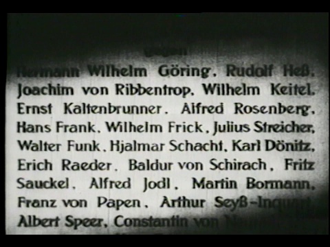 纽伦堡审判举行时，屏幕上滚动着被指控的纳粹战犯的名字。视频素材