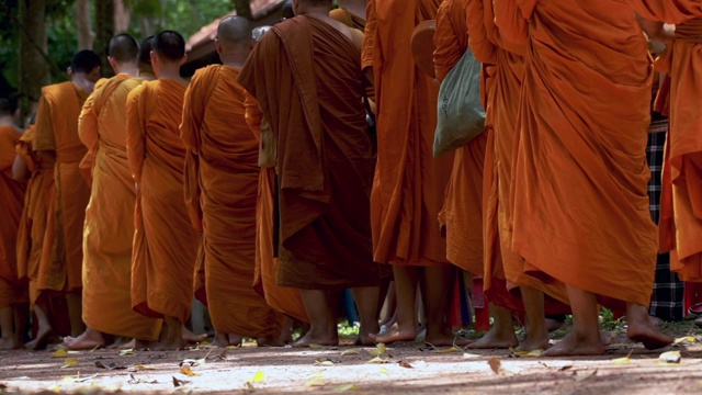 一大群身穿橙色僧袍的佛教僧侣在排队视频下载