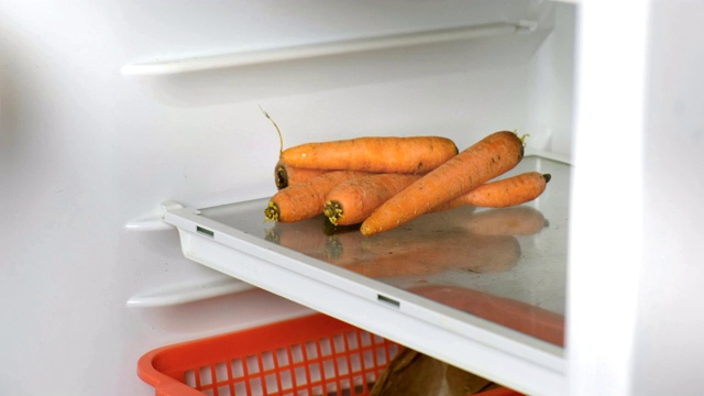蔬菜冰箱——女性用手打开冰箱，取胡萝卜蔬菜视频下载
