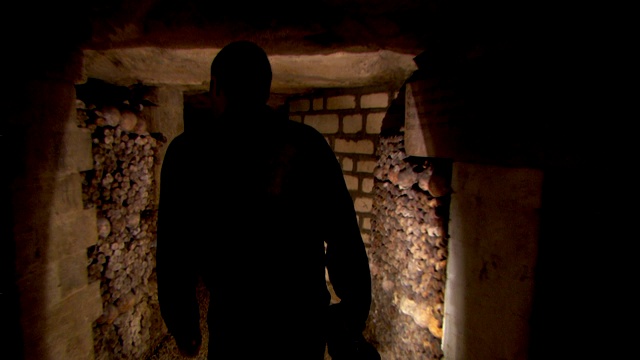 一位考古学家在穿过巴黎的地下墓穴时，会经过布满头骨的墙壁和无数的石头标记。视频下载