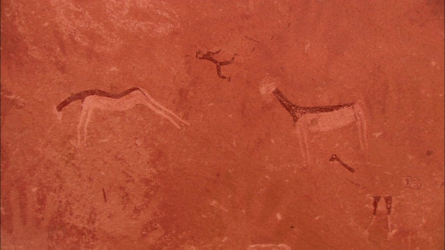 岩石墙上的岩画描绘着动物。视频素材