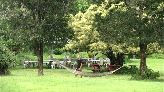 一名游客走在吊床旁的草坪上。视频素材