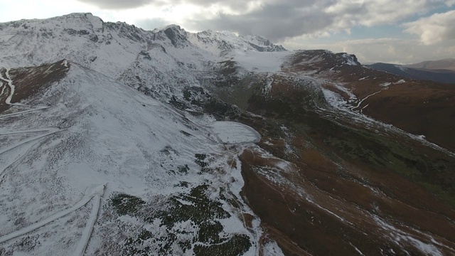 鸟瞰图冰冻的湖和火山上的雪。视频素材