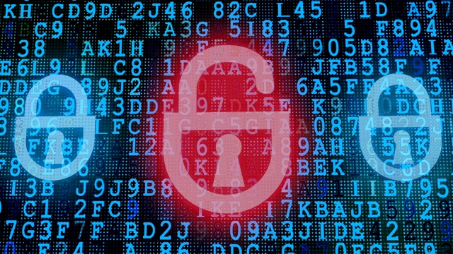 红色数字挂锁带有机器码墙，破坏了计算机系统的安全视频下载