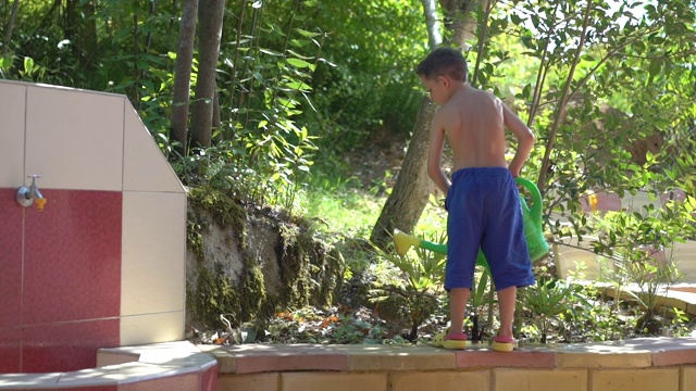 可爱的男孩用花园喷壶给植物浇水视频素材