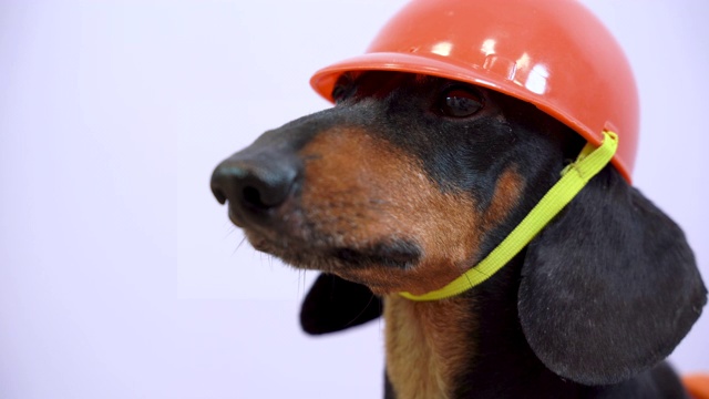 腊肠犬的肖像，黑色和棕褐色，在一个橙色的建筑头盔视频下载