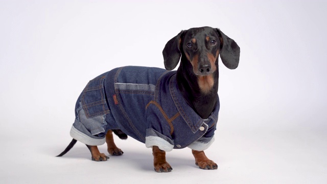 一个可爱的腊肠狗的肖像，黑色和棕色，穿着温暖的蓝色牛仔工作服，孤立在灰色的背景视频下载