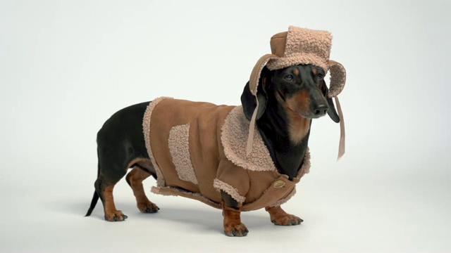 画像上是一只可爱的腊肠犬，黑白相间，穿着冬装，皮帽和羊皮外套，背景为白色视频下载