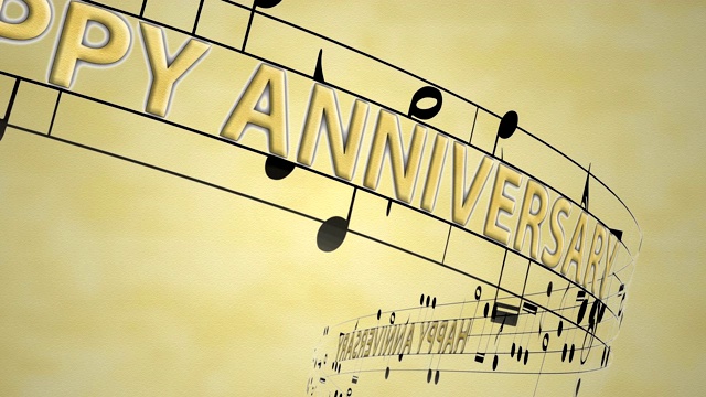 金碧辉煌的音乐音符里流淌着快乐的周年祝福，旧纸上无缝的动画视频下载