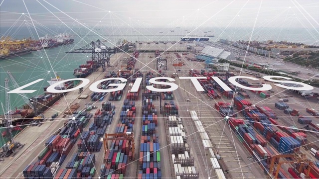 鸟瞰图，工作起重机和集装箱船在国际货运港口与未来的网络连接和物流文本视频下载
