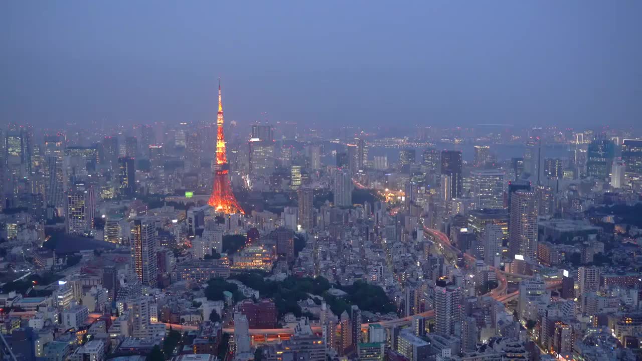 东京夜幕下的城市灯光，鸟瞰图视频素材