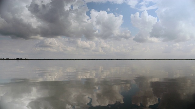 蓝天中的白云和灰云倒映在湖水中视频素材