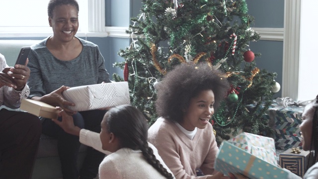 右，非裔美国家庭在圣诞节的早晨视频素材