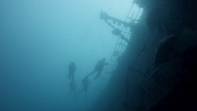 一群潜水员在一艘沉船的浑浊水中游泳，马尔代夫，印度洋视频下载