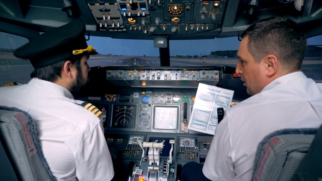 飞行员看一份有说明的文件，后视镜。视频素材