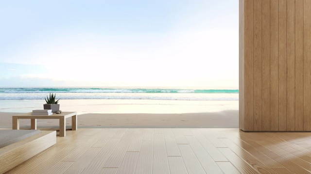 海景平台和床在现代豪华海滩别墅与蓝天背景。视频素材