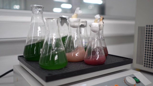 在实验室的一个混合器上装满不同液体的实验室烧瓶的特写视频下载
