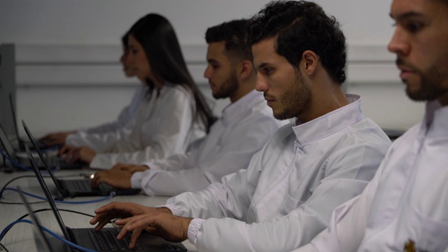 一组IT学生在实验课上专注于他们的笔记本电脑视频素材