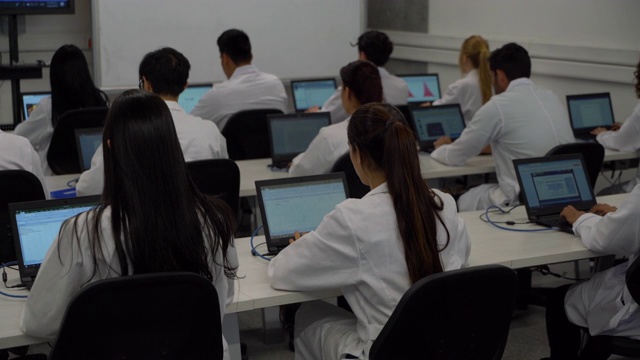 在后视图的信息技术学生在实验室课上，每个工作在他们的笔记本电脑视频素材
