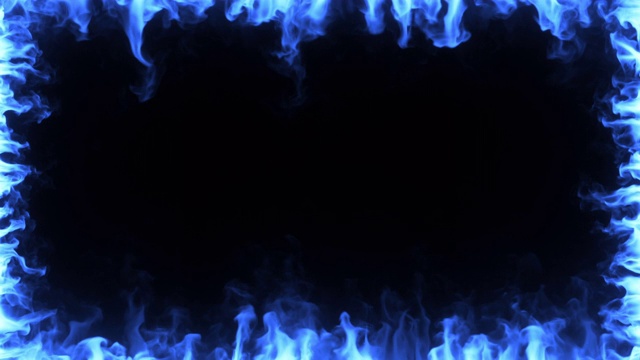 蓝色魔法火在慢动作中燃烧。火红的框架周围的屏幕上的黑色孤立背景。无缝循环3d渲染视频下载