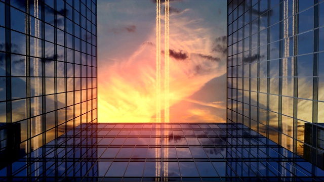 飞机飞过商业摩天大楼与夕阳云视频素材