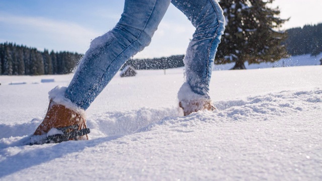 穿着雪鞋探索冬天的风景视频素材