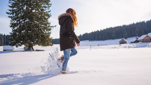 在一个阳光明媚的日子里，穿着雪鞋穿越神奇的冬日大自然视频素材