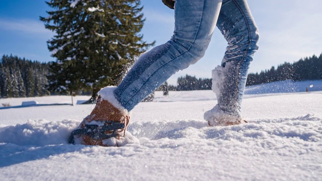 脚上绑着雪鞋在刚落下的粉末雪地上徒步旅行视频素材