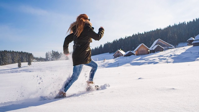 穿着雪鞋在田园诗般的雪地上奔跑视频下载