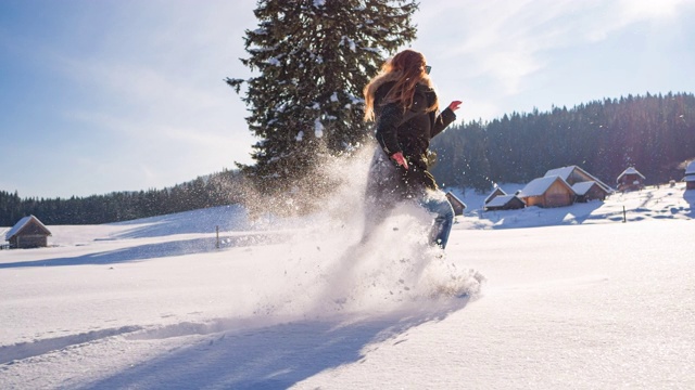 穿着雪鞋探索冬天的风景视频素材