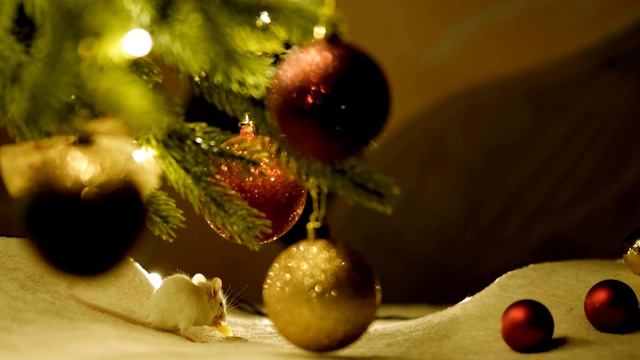 毛茸茸的小白鼠坐在装饰好的圣诞树树枝上吃着奶酪。视频素材
