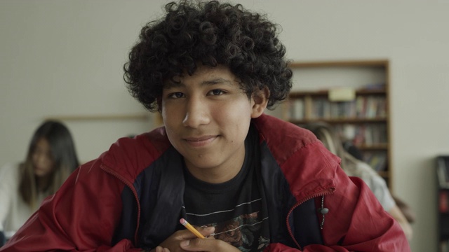 慢镜头摇摄微笑的男孩在学校教室的肖像/普罗沃，犹他州，美国视频下载