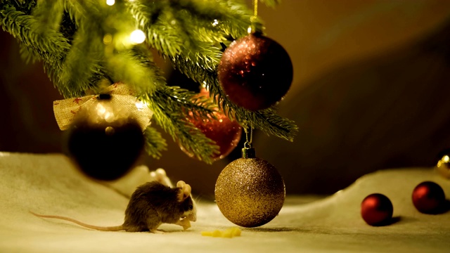 小灰老鼠坐在圣诞树下吃奶酪。视频素材