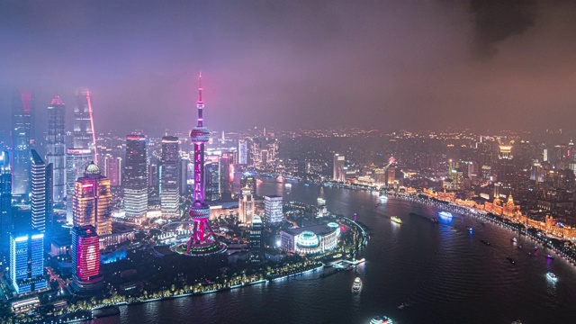 陆家嘴金融区视角，以东方明珠塔、上海环球金融中心、金茂大厦、上海中心大厦为地标。视频素材