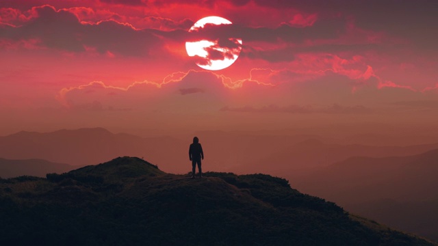 那只雄鸟站在山顶，映衬着如画的夕阳。时间流逝视频下载