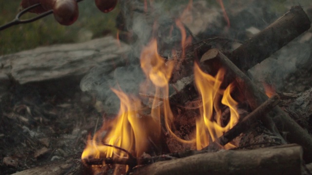 靠近篝火香肠在农村在晚上视频素材