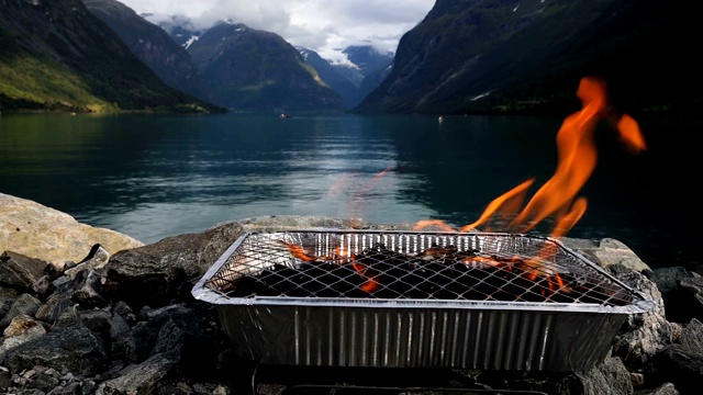 一次性烧烤网。挪威美丽的自然景观。视频下载