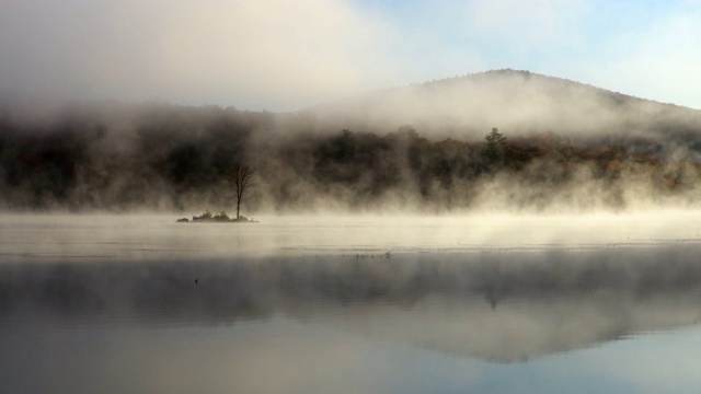 佛蒙特州基林顿的一个小池塘上的秋雾视频下载