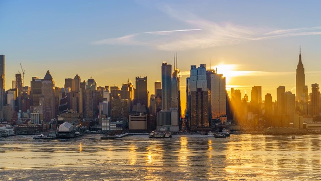 纽约日出时曼哈顿中城的天际线，太阳升起的时间间隔视频素材