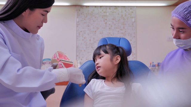 女牙医手里拿着假牙，教小女孩用牙刷刷牙。牙科检查，技术，医疗，教育，人的理念。视频素材