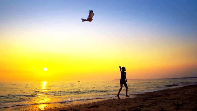 暑假的概念。日落时分，小男孩在空旷的海滩上放着风筝奔跑视频素材