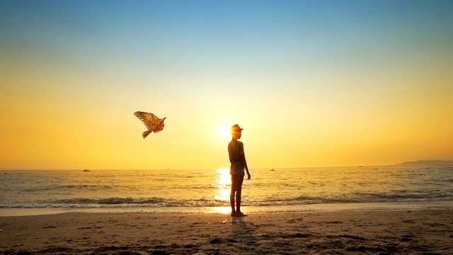 小男孩戴着帽子站在沙滩上玩着放风筝，背光下是生机勃勃的日落，慢镜头视频素材