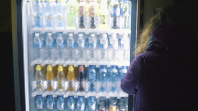 从后面的年轻女子在紫色大衣选择一个饮料从自动售货机。资料片。卖瓶装水的饮料自动售货机视频下载