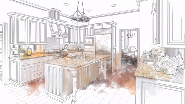 4k定制厨房绘图过渡到照片。视频素材