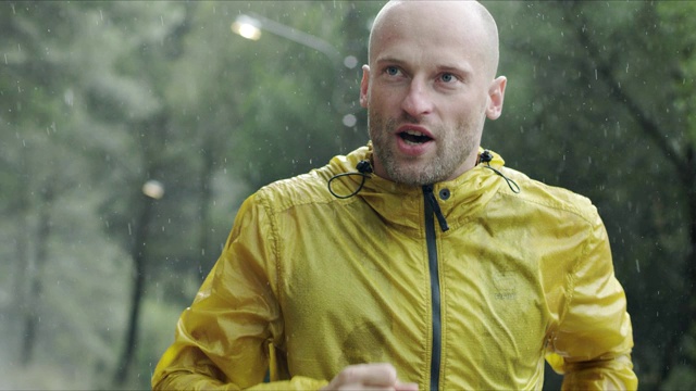 一个健壮、肌肉发达的年轻人穿着运动服在雨中在街上慢跑视频素材