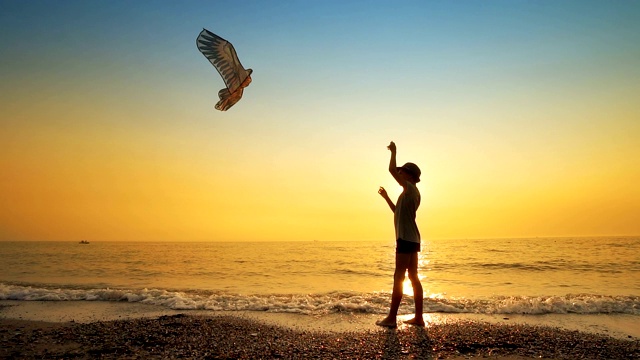 快乐的小男孩在日落的海滩上放风筝，慢镜头视频素材