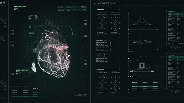人类心脏扫描。带有HUD和信息图表元素的蓝色未来医疗用户界面。虚拟技术背景。平视显示模板的业务，游戏，运动设计，web和应用程序。视频下载