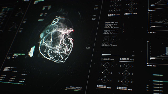 动画的用户界面HUD与身体分析和心脏移动在黑暗的背景与谷物处理的未来概念视频素材