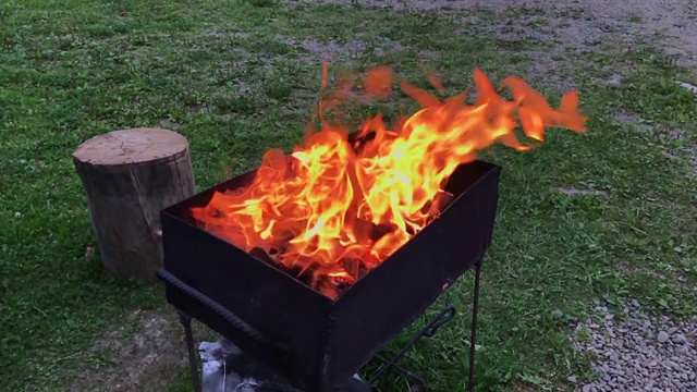 晚上野餐时，橡木烧烤架上的熊熊火焰。视频素材